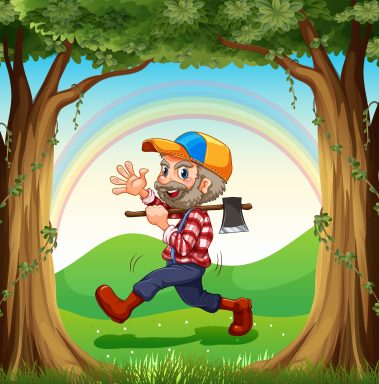 Illustration of a smiling lumberjack walking at the forest